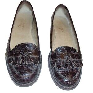 Talbots Brown Tassel Loafers Leather Sz. 9.5 B Rubber Sole Exotic Pattern